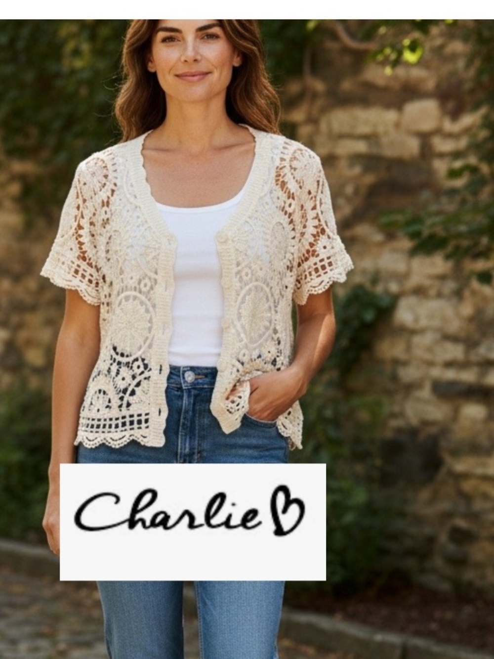 Charlie B cream crochet cardigan, L, CB2755